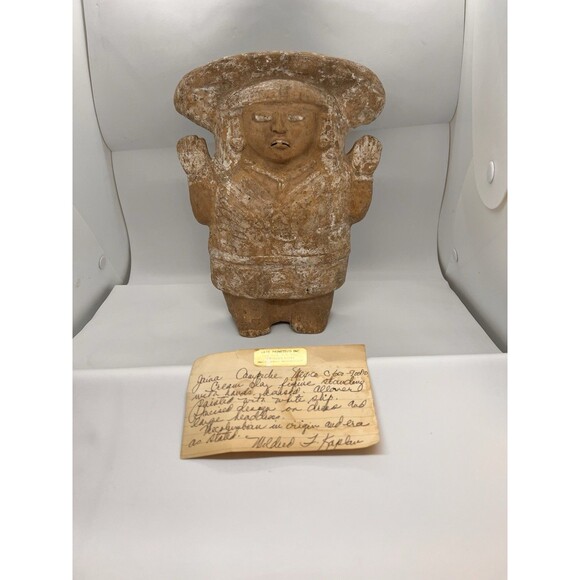 Pre Columbian Jaina Maya Pottery Figure Standing Woman Arms Raised Headdress Lrg - Picture 1 of 16